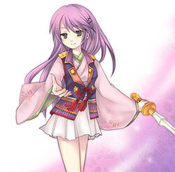  commentary_request female green_eyes hair_ornament hairclip harukanaru_toki_no_naka_de harukanaru_toki_no_naka_de_3 heian japanese_clothes kasuga_nozomi kataginu kimono kimono_skirt kuratsuka_riko long_hair pink_kimono purple_hair smile solo sword weapon 