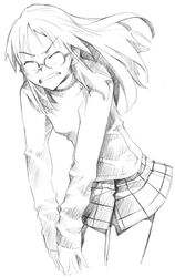  angry closed_eyes female flat_chest flcl glasses greyscale long_hair monochrome murasaki_hisato ninamori_eri skirt solo sweater 