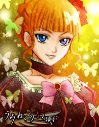  bad_id bad_pixiv_id beatrice_(umineko) blonde_hair blue_eyes bow bug butterfly choker dress female flower hair_ornament mizuiro_tomato pink_bow rose solo umineko_no_naku_koro_ni yellow_butterfly 