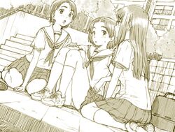  3girls blush commentary_request copyright_request glasses kneeling legs long_hair monochrome multiple_girls muramurakimi panties pantyshot school_uniform short_hair sitting sketch skirt socks underwear yellow_theme 