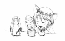  :3 animal_ears cat_ears character_doll chen commentary_request doll female greyscale happy kurosaki_(niggurath) matryoshka_doll monochrome playing solo touhou toy yakumo_ran yakumo_yukari yukkuri_shiteitte_ne 