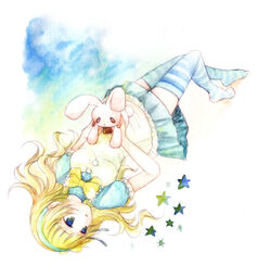  blonde_hair blue_eyes breasts commentary_request female kuratsuka_riko medium_breasts original painting_(medium) skirt solo thighhighs traditional_media watercolor_(medium) zettai_ryouiki 