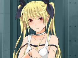  3u bad_id bad_pixiv_id blonde_hair blush bondage bondage bound choker cuffs female long_hair red_eyes secret_game solo strap strap_slip twintails yahata_reika 