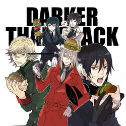  4boys august_7 bad_id bad_pixiv_id blush burger darker_than_black female food goran_(darker_than_black) hazuki_mina_(darker_than_black) hei_(darker_than_black) male_focus multiple_boys photoshop_(medium) shizume_genma sudachips 