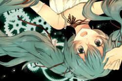  :o aqua_eyes aqua_hair bad_id bad_pixiv_id detached_sleeves dress female hair_ribbon hatsune_miku komine lolita_fashion long_hair open_mouth ribbon solo twintails upper_body upside-down vocaloid yami-iro_alice_(vocaloid) 