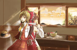  2girls apron back-to-back bad_id bad_pixiv_id bow bowl brown_hair bucket cloud cooking cucumber detached_sleeves green_hair hair_tubes hairbow hakurei_reimu halu-natsu holding holding_knife kamado kazami_yuuka kitchen kitchen_knife knife light_rays long_hair mountain multiple_girls red_eyes sarashi short_hair sunbeam sunlight sunset tomato touhou wind_chime window 