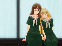  2girls akizuki_ritsuko blonde_hair braid brown_eyes brown_hair closed_eyes commentary_request cosplay glasses hands holding_hands hoshii_miki idolmaster idolmaster_(classic) interlocked_fingers kakumei_ichiha kubo_shiori kubo_shiori_(cosplay) lillian_girls&#039;_academy_school_uniform maria-sama_ga_miteru multiple_girls photoshop_(medium) satou_sei satou_sei_(cosplay) school_uniform serafuku sitting sleeping sleeping_upright yuri 