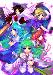  &gt;:) 5girls absurdres bad_id bad_pixiv_id blonde_hair blue_eyes blue_hair bow braid breasts brown_hair china_dress chinese_clothes cirno crossed_arms detached_sleeves dress frog green_bow green_hair hair_ornament hair_ribbon hairbow hat highres hong_meiling japanese_clothes kobanzame kochiya_sanae long_hair medium_breasts moriya_suwako multiple_girls outstretched_arms red_hair reiuji_utsuho ribbon short_hair smile snake spread_arms touhou touhou_hisoutensoku twin_braids v-shaped_eyebrows wings yellow_eyes 