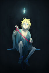  1boy barefoot blonde_hair commentary_request cuffs dark evillious_nendaiki feet habuki handcuffs japanese_clothes kagamine_len kimono male_focus re_birthday_(vocaloid) solo tears vocaloid 