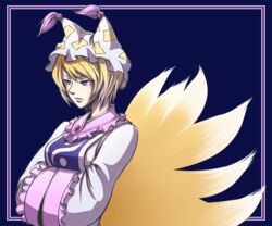  bad_id bad_pixiv_id blonde_hair female fox_tail hands_in_opposite_sleeves hat multiple_tails purple_eyes short_hair solo tail touhou wide_sleeves yadonushi_(housei) yakumo_ran 