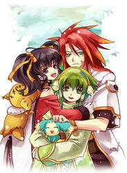  2boys anise_tatlin black_eyes black_hair brown_eyes brown_hair commentary_request doll female green_eyes green_hair hair_tubes hug ion_(tales) long_hair luke_fon_fabre mieu_(tales) multiple_boys open_mouth photoshop_(medium) red_hair retpa ribbon short_hair_with_long_locks sidelocks smile tales_of_(series) tales_of_the_abyss tokunaga_(tales) twintails wristband 