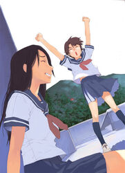  2girls black_hair brown_hair cheering copyright_request happy legs long_hair multiple_girls murasaki_hisato school_uniform short_hair skirt smile socks wind 