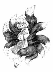  :3 commentary_request female greyscale hat highres kurosaki_(niggurath) monochrome multiple_tails shoes short_hair solo tail touhou yakumo_ran 