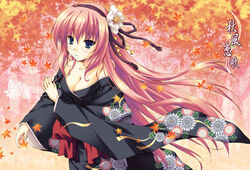  black_kimono blue_eyes breasts cleavage commentary_request female flower hair_flower hair_ornament hair_ribbon japanese_clothes kikumon kimono large_breasts leaf long_hair maple_leaf megurine_luka minakami_nagara photoshop_(medium) pink_hair ribbon right-over-left_kimono solo very_long_hair vocaloid 