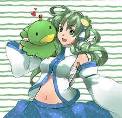  commentary_request crossover detached_sleeves female frog green_eyes green_hair hair_ornament heart kochiya_sanae long_hair midriff navel p-chan_kai s-sama sarashi snake solo tentai_senshi_sunred touhou 