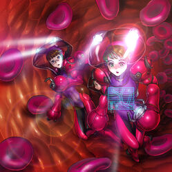  3girls blood blood_cell cell_(biology) commentary_request copyright_request fujiwara_hisashi glasses highres holographic_interface holographic_monitor lens_flare mini_person minigirl multiple_girls photoshop_(medium) science_fiction spacesuit spotlight 