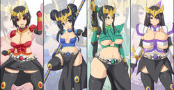  4girls arcle_(kuuga) armor armpits black_hair black_thighhighs blue_eyes blush_stickers bracelet breasts bursting_breasts cleavage collarbone commentary_request curvy double_bun dragon_rod elbow_gloves epaulettes gloves green_eyes hair_bun hair_ornament homura_(haku89) huge_breasts jewelry kamen_rider kamen_rider_kuuga kamen_rider_kuuga_(series) kuuga_(dragon) kuuga_(mighty) kuuga_(pegasus) kuuga_(titan) lance large_breasts long_hair midriff multiple_girls navel open_mouth pegasus_gun photoshop_(medium) polearm ponytail purple_eyes red_eyes short_hair skirt sword thighhighs titan_sword underboob very_long_hair weapon wide_hips zettai_ryouiki zoom_layer 