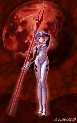  arm_up ayanami_rei bad_id bad_pixiv_id bident bodysuit bracer breasts calma copyright_name evangelion:_1.0_you_are_(not)_alone expressionless female full_body full_moon gloves hair_ornament holding holding_weapon lance_of_longinus_(evangelion) looking_at_viewer moon neon_genesis_evangelion pilot_suit plugsuit polearm rebuild_of_evangelion red_eyes red_moon short_hair skinny small_breasts solo spear standing thigh_gap weapon white_bodysuit 