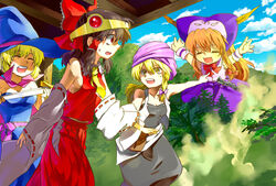  4girls alice_margatroid bad_id bad_pixiv_id blonde_hair braid brown_hair dragon_quest giant giantess hakurei_reimu hat horns ibuki_suika kirisame_marisa long_hair multiple_girls orange_hair parody photoshop_(medium) red_eyes short_hair touhou witch_hat yellow_eyes zanunoneko 