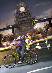  1boy back-to-back bad_id bad_pixiv_id bent_over bicycle boro_(boro-03) city clock clock_tower commentary_request earmuffs female multiple_riders night original outdoors pillion riding scarf school_uniform skirt socks tower train 