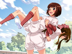  2girls back-to-back blunt_bangs blush bob_cut bow brown_eyes brown_hair hairbow locked_arms multiple_girls nisemon ogasawara_akiko short_hair shorts suzukawa_koume taishou_yakyuu_musume tree 