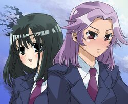  2girls bad_id bad_pixiv_id black_hair green_eyes kajiki_yumi multiple_girls purple_eyes purple_hair saki_(manga) school_uniform touyoko_momoko tsuruga_school_uniform yanazuri_(kimossari337) 