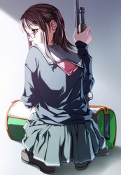  bad_id bad_pixiv_id bag bow brown-framed_eyewear brown_eyes brown_hair duffel_bag female from_behind glasses gradient_background green_bow grey_serafuku grey_skirt gun hairbow holding holding_gun holding_weapon loafers long_hair long_sleeves looking_to_the_side medium_hair multicolored_bag one_side_up original photoshop_(medium) pleated_skirt pump_action rectangular_eyewear rezi sailor_collar school_uniform serafuku shoes shotgun sidelocks skirt solo squatting thighhighs weapon white_sailor_collar winchester_model_1200/1300 zipper 