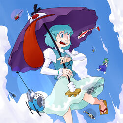  2girls aircraft commentary_request helicopter heterochromia kansuke_(bubuduke) karakasa_obake kochiya_sanae multiple_girls photoshop_(medium) purple_umbrella surprised tatara_kogasa tongue touhou umbrella 