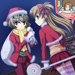  1boy akizuki_ryo antenna_hair bad_id bad_pixiv_id bed bow brown_eyes brown_hair candy christmas female food gloves goggles green_eyes hairbow hat idolmaster idolmaster_dearly_stars lollipop long_hair looking_back night otoko_no_ko photoshop_(medium) sack sakurai_yumeko santa_costume santa_hat scarf short_hair skirt sky smile striped_clothes striped_thighhighs swirl_lollipop takeda_souichi thighhighs totokichi 