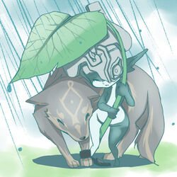  animal chains female helmet inumimi_moeta leaf_umbrella link lowres midna pointy_ears rain the_legend_of_zelda the_legend_of_zelda:_twilight_princess wolf wolf_link 