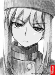  commentary_request darker_than_black female gofu greyscale monochrome sketch solo spot_color tanya_(darker_than_black) traditional_media 