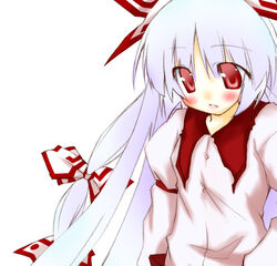  blush bow female fujiwara_no_mokou hair_ribbon hairbow lips long_hair long_sleeves mizuno_minato red_eyes ribbon shirt simple_background solo touhou white_hair 