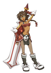  .hack// .hack//link .hack//sign armor armpits bare_shoulders bikini_armor breasts brown_hair choker dark-skinned_female dark_skin female medium_breasts midriff mimiru_(.hack//) official_art pantyhose photoshop_(medium) shoes short_hair skirt smile solo sword tattoo weapon 