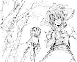  2girls alice_margatroid greyscale grin hat kirisame_marisa looking_back monochrome multiple_girls sketch smile touhou tree witch_hat yadonushi_(housei) 