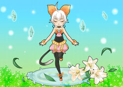  ahoge bell black_pantyhose cat_tail closed_eyes closed_mouth commentary_request crystal facing_viewer female final_fantasy final_fantasy_crystal_chronicles final_fantasy_crystal_chronicles:_echoes_of_time flower himeko_(chp) leaf lily_(flower) pantyhose pink_hair sherlotta smile solo tail white_flower white_lily 