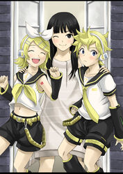  1boy 2girls animification bad_id bad_pixiv_id blonde_hair detached_sleeves hair_ornament hair_ribbon hairclip headset kagamine_len kagamine_rin midriff multiple_girls navel one_eye_closed pontai real_life real_life_insert ribbon sailor_collar shimoda_asami short_hair sleeves_past_wrists smile vocaloid voice_actor voice_actor_connection 