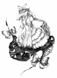  bonnet bow commentary_request dress empty_eyes eye_focus female gap_(touhou) greyscale hand_fan hat highres kurosaki_(niggurath) long_hair monochrome ribbon solo teeth touhou yakumo_yukari 