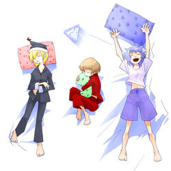  3girls alternate_costume barefoot blonde_hair commentary_request feet hugging_object kansuke_(bubuduke) lunasa_prismriver lyrica_prismriver merlin_prismriver messy_sleeper multiple_girls pajamas photoshop_(medium) pillow pillow_hug sleeping touhou 