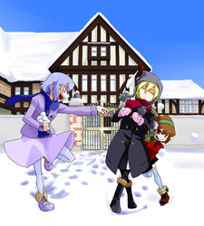  3girls alternate_costume blonde_hair commentary_request house kansuke_(bubuduke) lunasa_prismriver lyrica_prismriver merlin_prismriver multiple_girls pantyhose photoshop_(medium) scarf snow snowball snowball_fight thighhighs touhou winter winter_clothes 