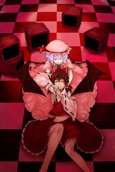  2girls checkered_floor closed_eyes commentary_request hakurei_reimu lap_pillow multiple_girls perspective remilia_scarlet television totteri touhou yuri 