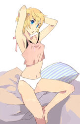  bed black_bra blonde_hair blue_eyes bra camisole commentary_request copyright_request female highres navel no_pants ozaki_kaori panties photoshop_(medium) solo underwear white_panties 