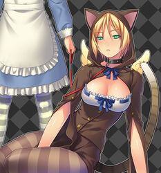  2girls animal_ears animal_hood bad_id bad_pixiv_id black_legwear blonde_hair blush breasts cat_hood cleavage collar green_eyes grey_legwear hood isobe large_breasts leash lost-ko lost_(sound_horizon) multiple_girls pantyhose short_hair sitting slave sound_horizon striped_clothes striped_pantyhose tail wings 