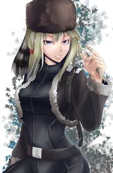  bad_id bad_pixiv_id belt blonde_hair blue_eyes coon_hat darker_than_black female fur_hat hat highres jacket rokushou_kokuu skin_tight solo spandex tanya_(darker_than_black) 