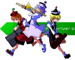  3girls black_footwear blonde_hair blue_hair brown_eyes brown_hair commentary_request dress hat instrument kansuke_(bubuduke) long_sleeves looking_at_viewer lunasa_prismriver lyrica_prismriver merlin_prismriver multiple_girls music photoshop_(medium) playing_instrument red_footwear shoes short_hair simple_background socks tate_eboshi touhou trombone violin_case white_background white_dress white_legwear yellow_eyes 