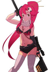  bad_id bad_pixiv_id belt between_breasts bikini bikini_top_only black_shorts breasts cleavage elbow_gloves female fingerless_gloves gloves gun hair_ornament inaba_taiju large_breasts long_hair midriff ponytail red_hair scarf shorts solo swimsuit tengen_toppa_gurren_lagann thighhighs weapon yellow_eyes yoko_littner 