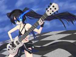  +_+ bare_shoulders bikini black_bikini black_hair black_rock_shooter black_rock_shooter_(character) blue_eyes coat female flaming_eye flat_chest gloves guitar headphones instrument kurakumo_nue long_hair navel no_shirt solo star_(symbol) stomach swimsuit twintails uneven_twintails 