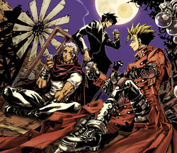  3boys asato bad_id bad_pixiv_id black_cat black_hair boots cape drinking earrings feline formal gloves jewelry livio_the_doublefang long_coat male_focus manly moon multicolored_hair multiple_boys nicholas_d._wolfwood sitting smoking suit trigun trigun_maximum two-tone_hair vash_the_stampede white_hair windmill 