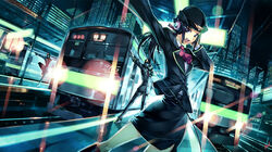  2boys black_hair blue_eyes boots commentary_request exit_trance exit_tunes female hat headphones long_hair multiple_boys night painttool_sai_(medium) pencil_skirt ponytail skirt standing train train_attendant train_station travel_attendant uniform vania600 