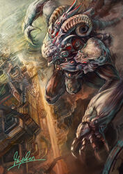  bad_id bad_pixiv_id city hayaken_sarena highres horns monster no_humans original photoshop_(medium) 