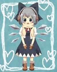  blue_bow blue_dress boots bow brown_footwear brown_mittens cirno commentary_request detached_wings dress earmuffs eyebrows_hidden_by_hair female full_body fur-trimmed_footwear fur-trimmed_mittens fur-trimmed_scarf fur_trim hairbow heart highres looking_at_viewer mittens open_mouth pinafore_dress puffy_short_sleeves puffy_sleeves purin_jiisan scarf shirt short_sleeves sleeveless sleeveless_dress solo touhou white_shirt wings yellow_scarf 